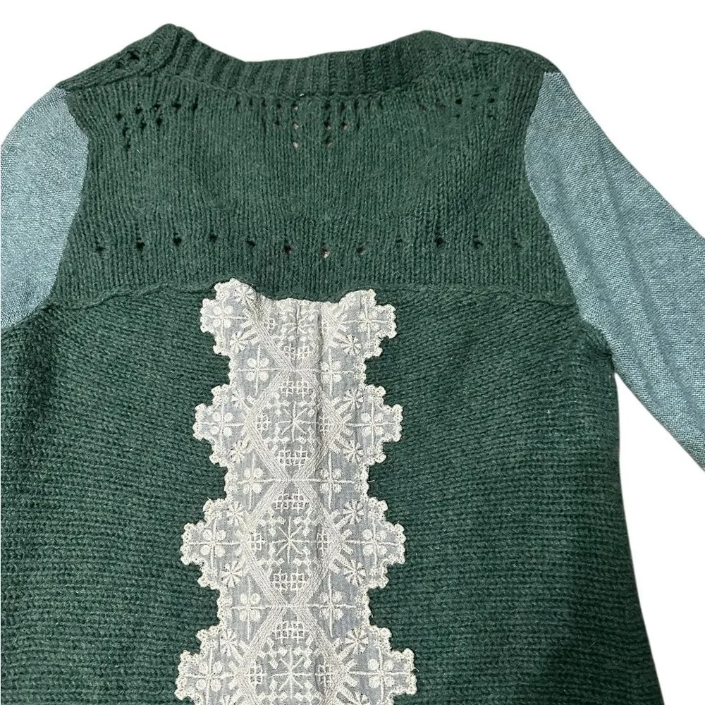 Free People Knit Cardigan Sweater Green Lace Back Button Boho Long Sleeve Small